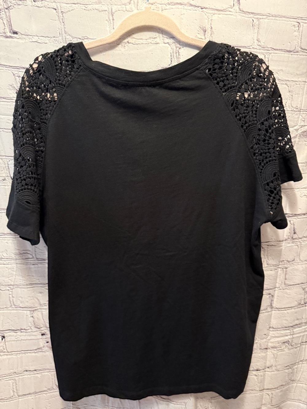 Grace Black V-Neck Short Sleeve Top with Crochet Shoulders - Picture 5 of 6